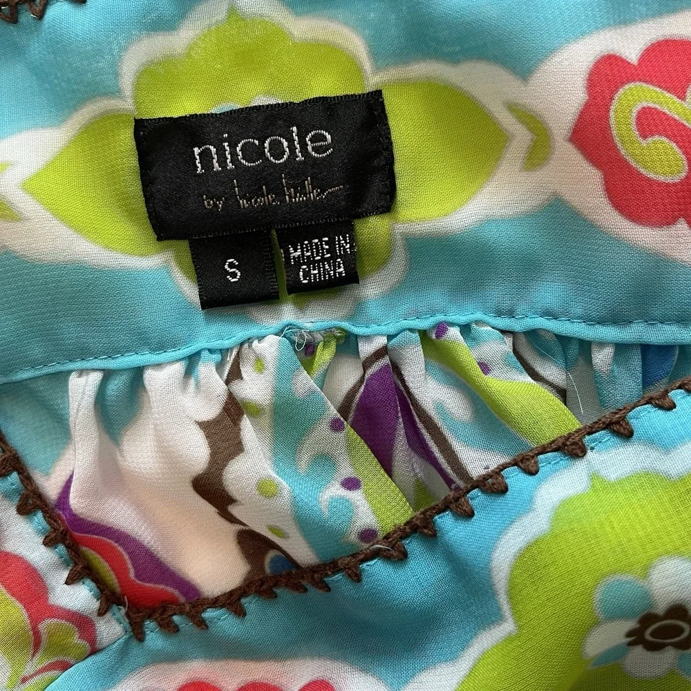 Nicole Miller Sheer Paisley Floral Top‎ S Square Neck Boho Embroidered Milkmaid